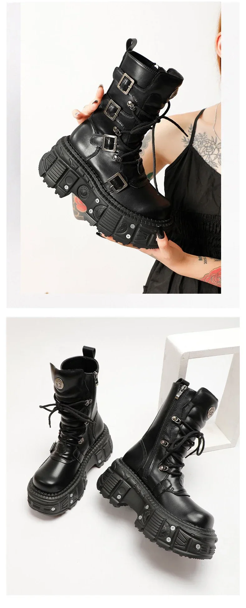 2024 New Punk Style Women Shoes Lace-up Platform Shoes Woman Rock Boots Metal Decor Thick Bottom Street Shot Knight 2024 New Punk Style Women Shoes Lace-up Platform Shoes Woman Rock Boots Metal Decor Thick Bottom Street Shot Knight