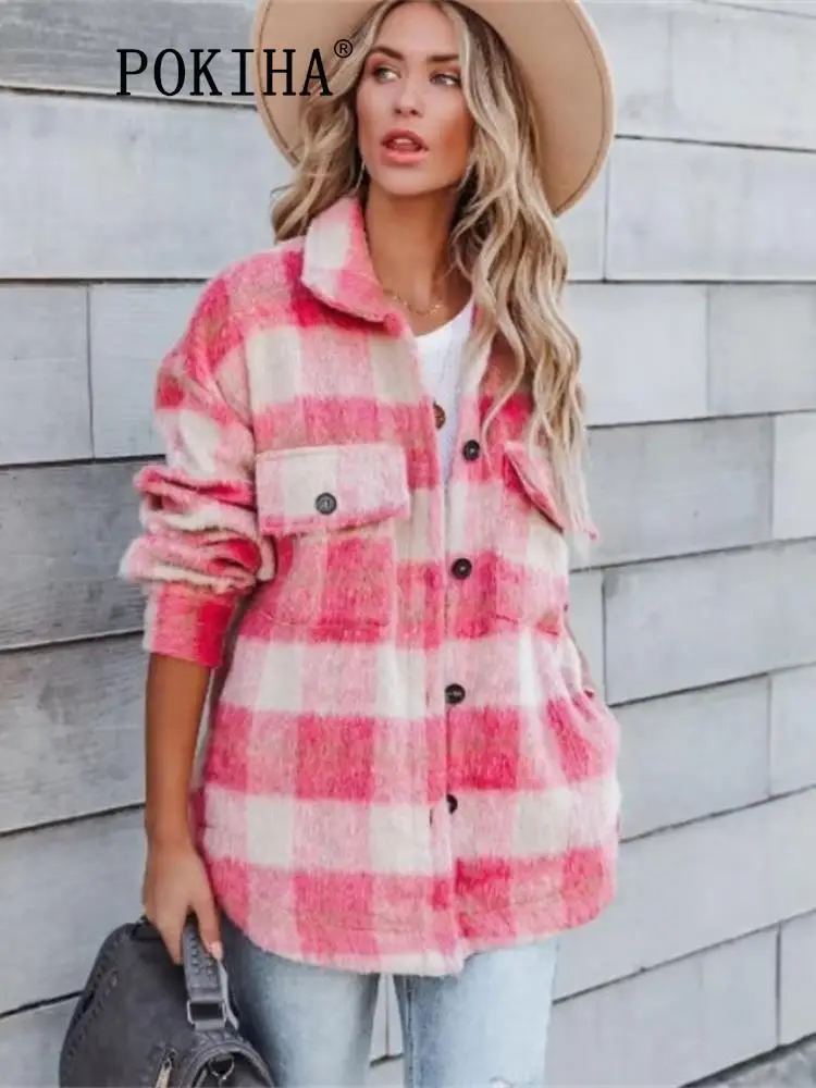 Pokiha Женская мода 2023 новая зимняя повседневная клетчатая куртка с карманами пальто Винтажная с круглым вырезом длинным рукавом женская верхняя одежда шикарные топы 
Pokiha Женская мода 2023 новая зимняя повседневная клетчатая куртка с карманами пальто Винтажная с круглым вырезом длинным рукавом женская верхняя одежда шикарные топы