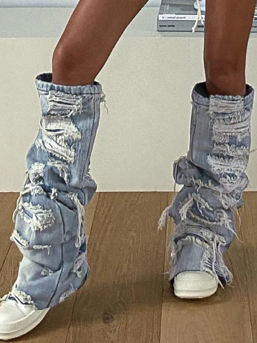 

Women Y2K Denim Leg Warmers 80s Knee High Harajuku Buckle Jean Socks Punk Gothic Leg Cover Stockings Streetwear Clothing