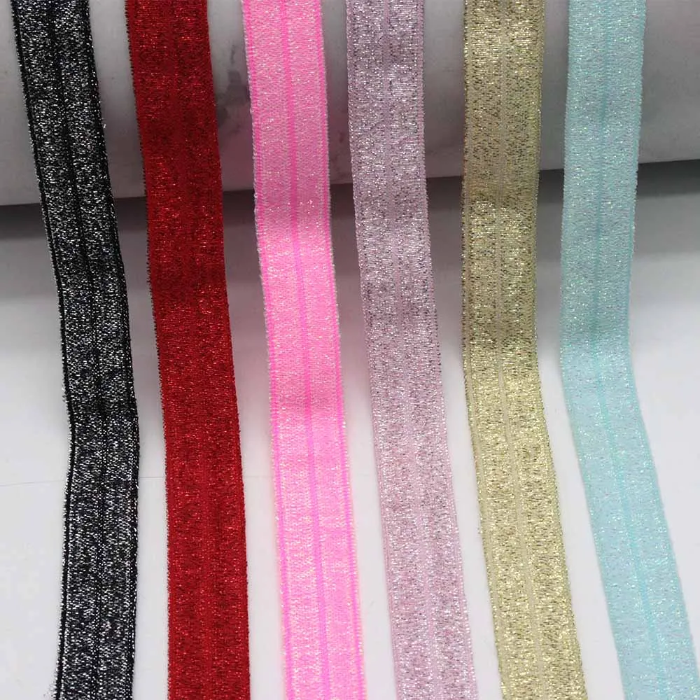 

Wholesale 50 100Yards 5/8" 15mm Glitter Thread Fold Over Elastic FOE Ribbon For Hair Tie Bracelet DIY Sewing Accessories