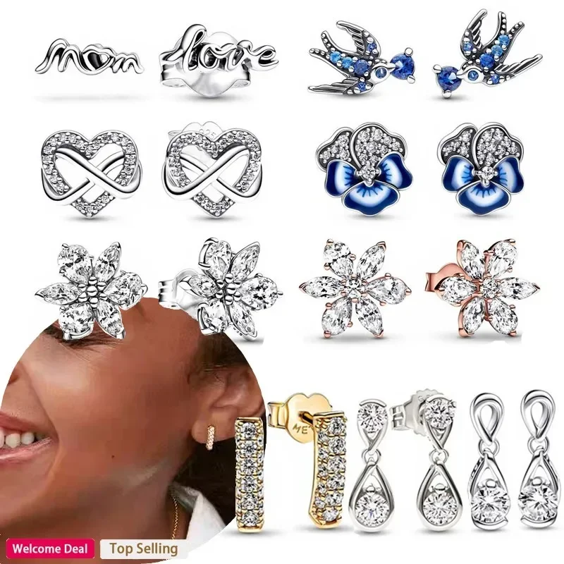 

Original Women's 925 Silver Popular Love Snowflake Light Luxury Water Drops MOM Mini Swallow Logo Earrings Versatile DIY Jewelry