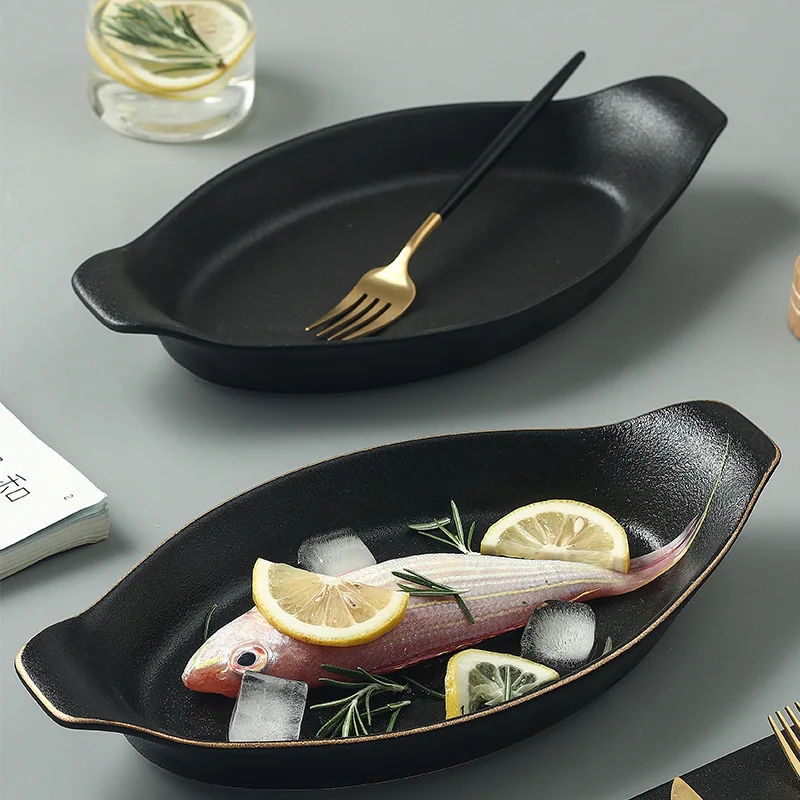 

Frosted Black Fish Plate 12 Inch Double Ear Drawing Gold Dinner Plate Household Fruit Salad Dishes Kitchen Utensils Porcelain