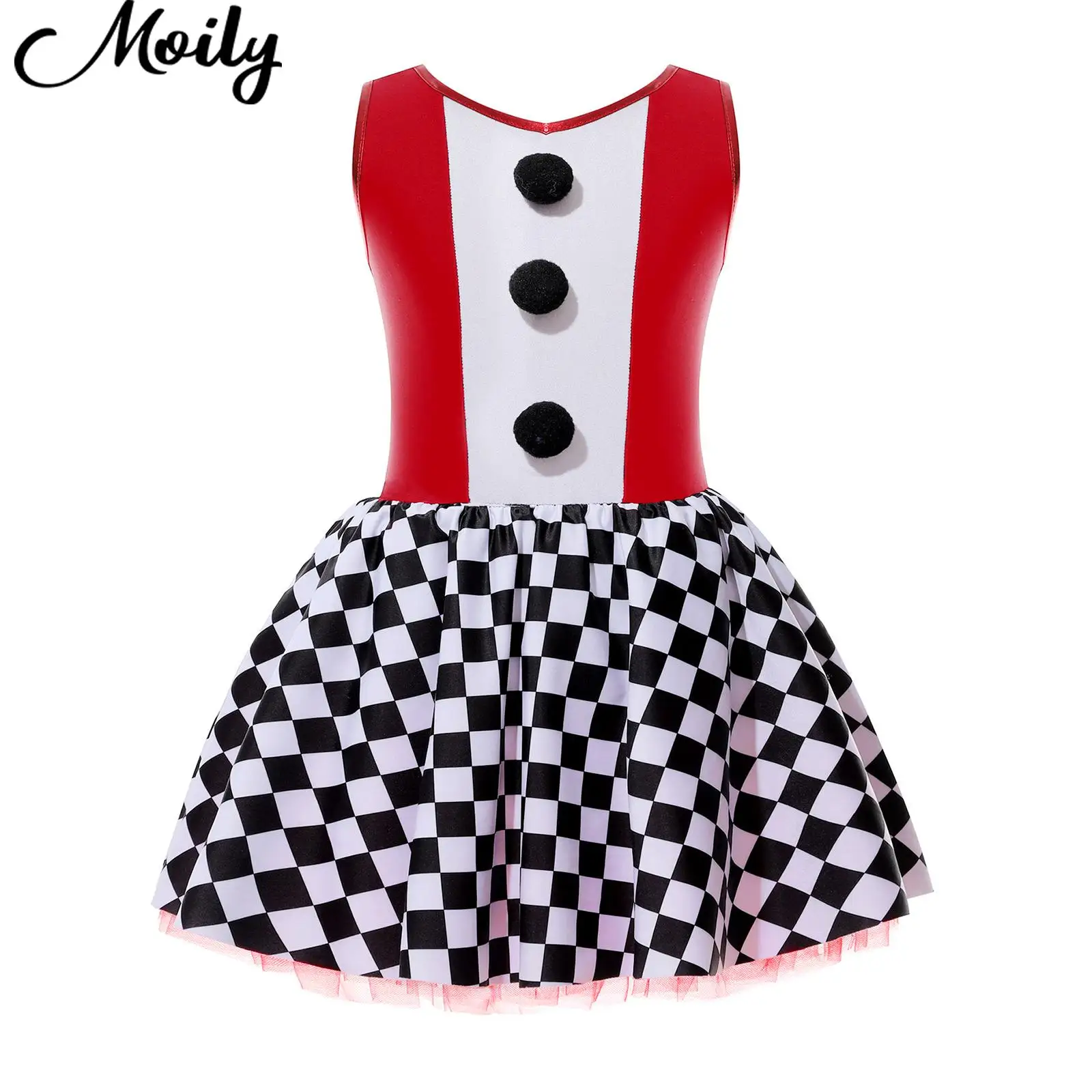 

Kids Girls Clown Costume Checkerboard Print Color Contrast Tutu Dress Costume for Halloween Cosplay Carnival Performance