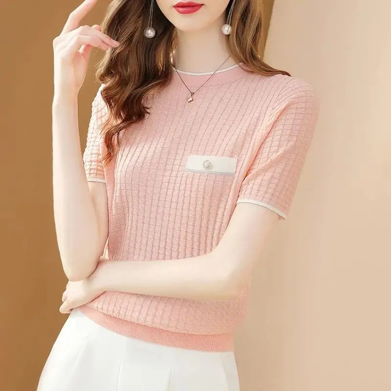 Summer Female Short Knit Short Sleeved T-shirt Women's O-Neck Color Screw Versatile Sweater Top Pullover Ladies Knitwear Q579
Summer Female Short Knit Short Sleeved T-shirt Women's O-Neck Color Screw Versatile Sweater Top Pullover Ladies Knitwear Q579
