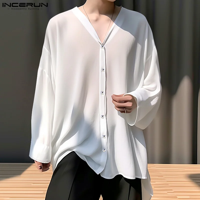

INCERUN Tops 2024 Handsome New Mens Solid Color Shoulder Drop V-neck Design Shirts Casual Fashion Male Long Sleeved Blouse S-5XL