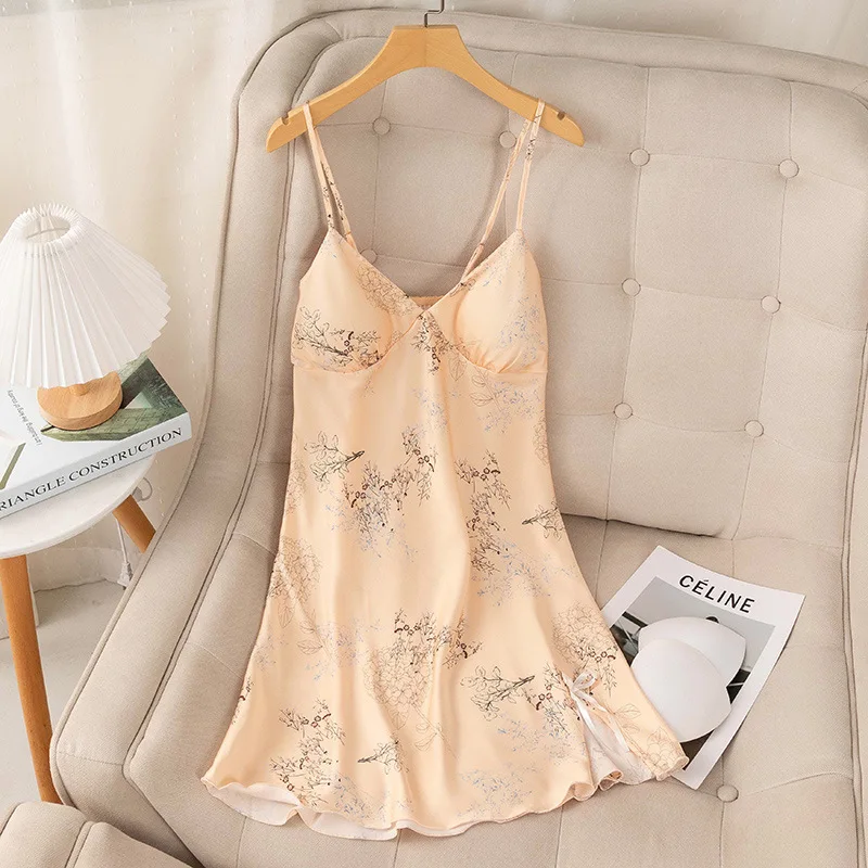 

Female Strap Nightgown Sleepwear Sexy Print Nightdress Loungewear Women Lace Bathrobe Summer Silky Satin Nighty Gown Homewear