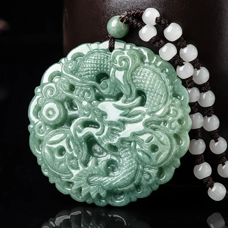 

Jia Le/Hand Carved/Natural Jade Lucky Zodiac Dragon Emerald Necklace Pendant Fine Jewelry Men Women Accessories Amulet Gifts