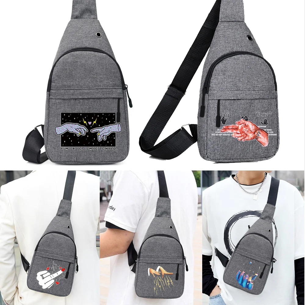 

Men Chest Bags Casual Waist Bags Charging Earphones Cable Hole Crossbody Bag Canvas Sling Shoulder Waist Packs Hand Series Print