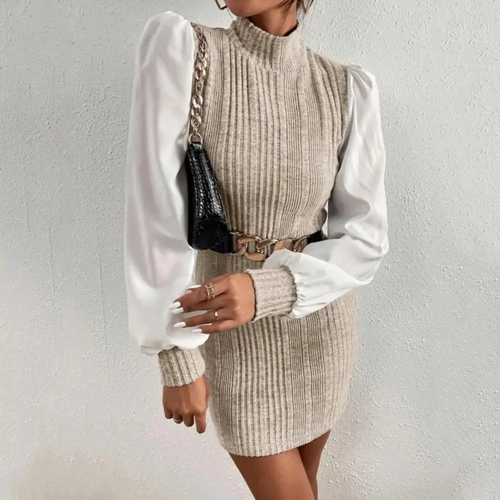 

Women Patchwork Dress Spring Women's High Collar Patchwork Dress Slim Fit Ribbed Long Sleeve Sheath with Contrast for Commute