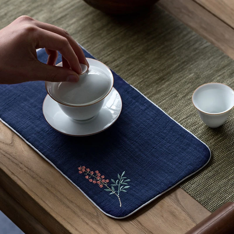 

Tea towel Rectangular cotton linen embroidery absorbent thickened tea mat tablecloth Zen tea ceremony accessories