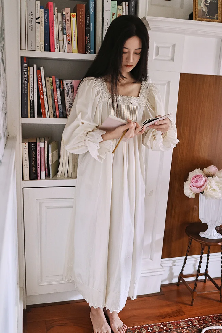 Vintage Soft Cotton Beige Long Nightgowns For Women Long Sleeve Elegant Nightshirts Comfortable Loose Sweet Night Dress 18 S7bfabf7005bc424c9443664d3ffaa12dt