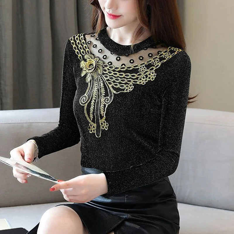 

Autumn New Net Yarn Patchwork Bottoming Shirt Long Sleeve Hollow Out Lace Solid Slim Pullovers Vintage Elegant Womenclothing