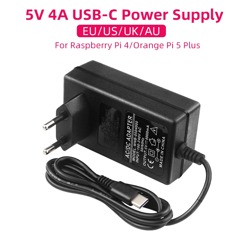 5V 4A Power Supply for Orange Pi 5 Plus 20W USB Type C Power Adapter EU US UK AU Plug for OPI 5/5B/5Plus/4 LTS Raspberry Pi 4B
5V 4A Power Supply for Orange Pi 5 Plus 20W USB Type C Power Adapter EU US UK AU Plug for OPI 5/5B/5Plus/4 LTS Raspberry Pi 4B