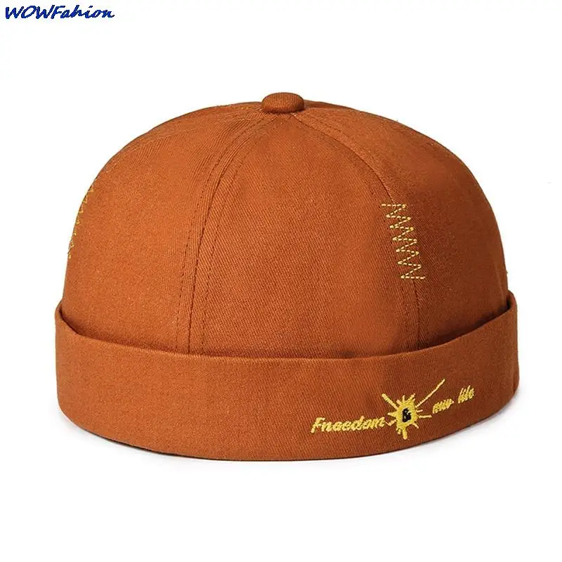 

Men's Cotton Docker Cap Skullcap Solid Color Letter Sailor Cap Women Beanie Hats Bucket Cap Brimless Hat Adjustable Dad Hat