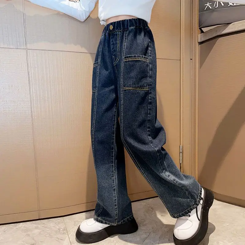 

Джинсы для девочек, Новинка весна-осень 2023, градиентные широкие брюки с эластичным поясом, свободные однотонные джинсовые брюки, Корейская уличная одежда
