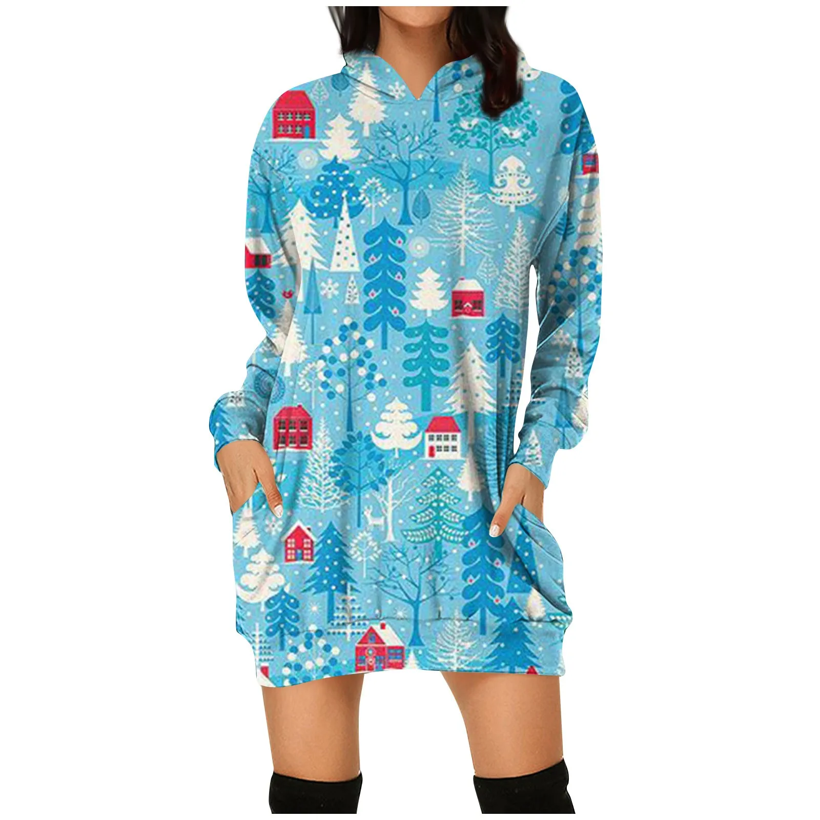 

2023 New Women Casual Elegant Christmas Elk Printed Long Sleeve Pocket Hoodie Dress Loose Fashion Pullover Sweatshirt Dress 3Xl