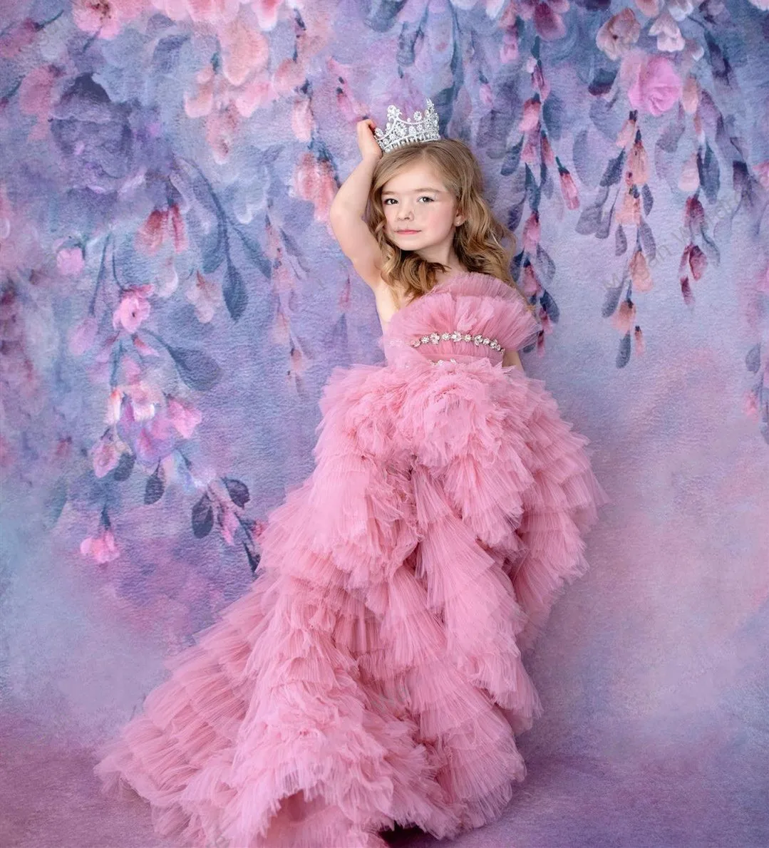 

Puffy Pink Tulle Flower Girl Dresses Sheer Neck High Low Style Princess Birthday Gown First Holy Communion Dresses 2-16Y