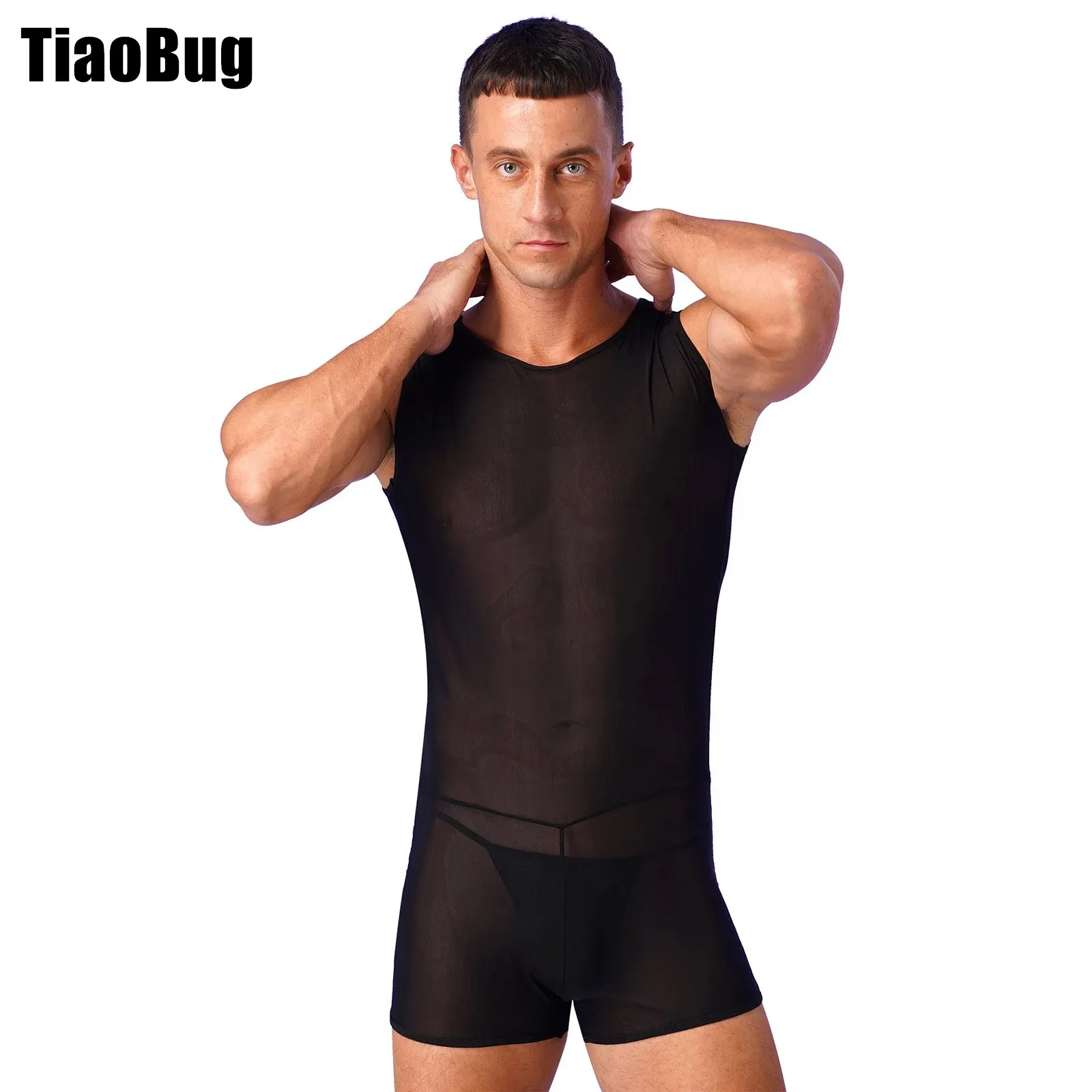 

Mens Mesh Bodysuit Set See-Through Bodysuit with Thong Sleeveless Shorts Singlet Bodysuit Muscle Showing Tempting Lingerie Suit