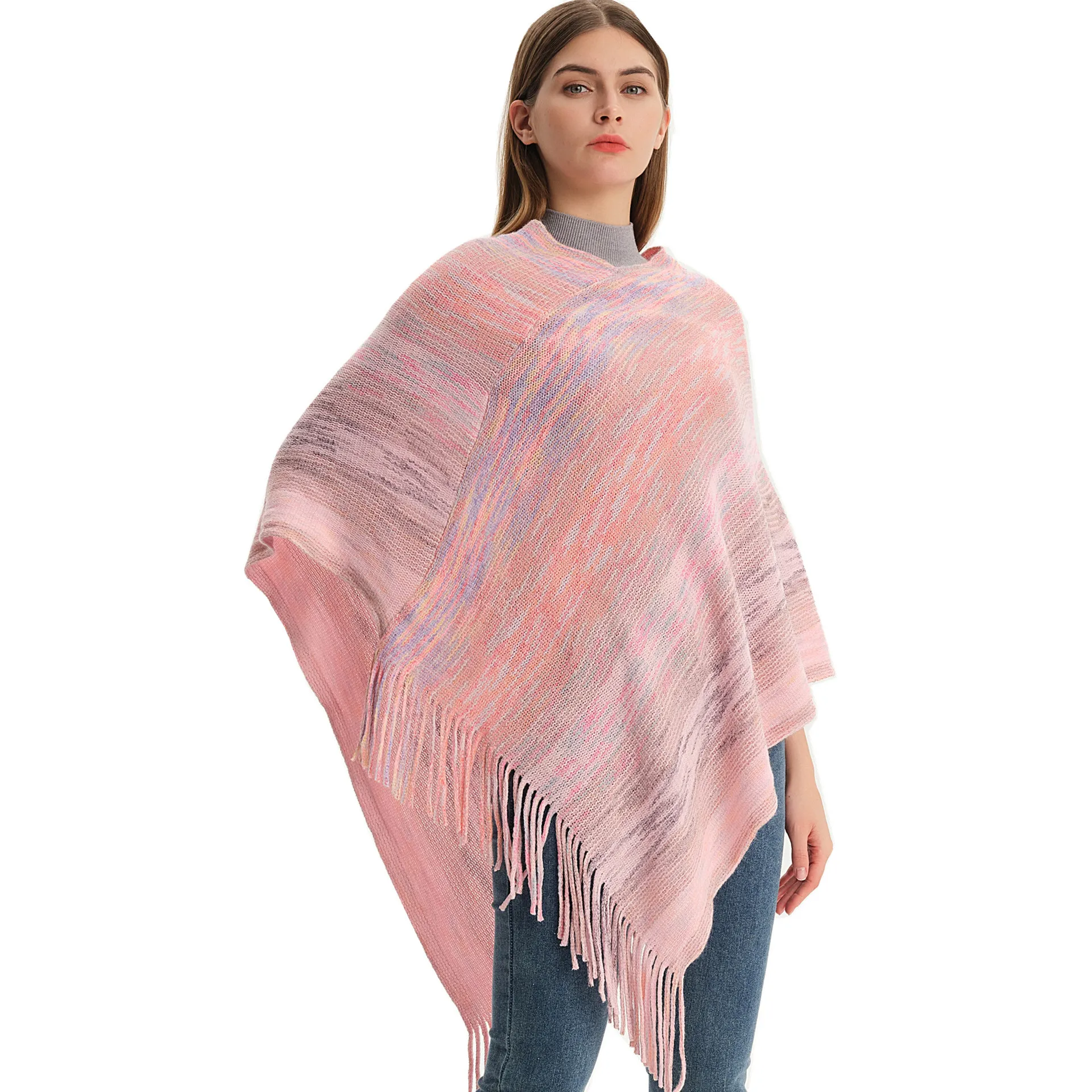 

Winter Fashion Women New V-Neck Pullover Cape Sweater Fringe Knit Shawl Winter Thick Warm Blanket Poncho Scarf Pink Cloak