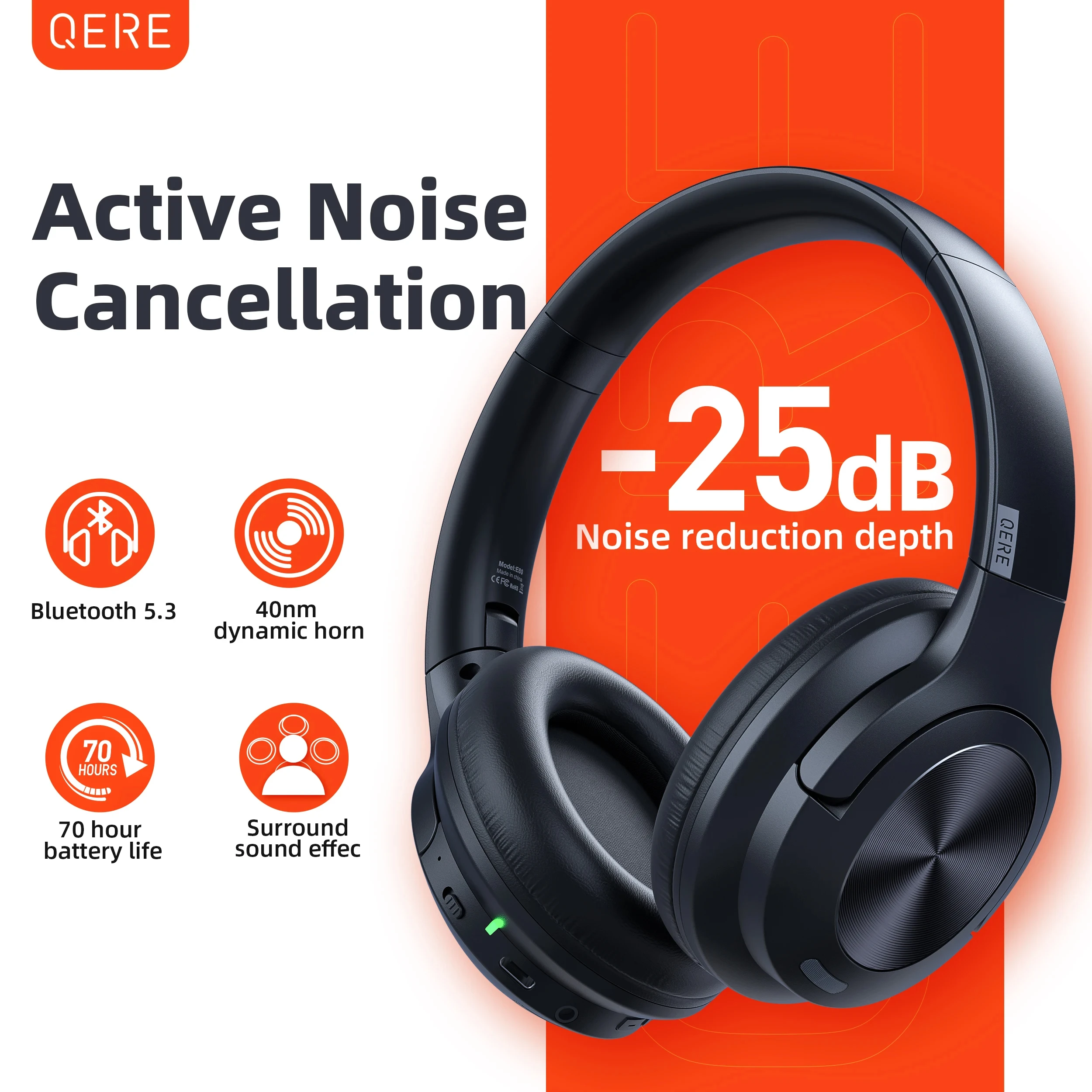 

Wireless headphones QERE E80 Earphone bluetooth 5.3 ANC Noise Cancellation Hi-Res Audio Over the Ear Headset 70H 40mm Driver2.4G