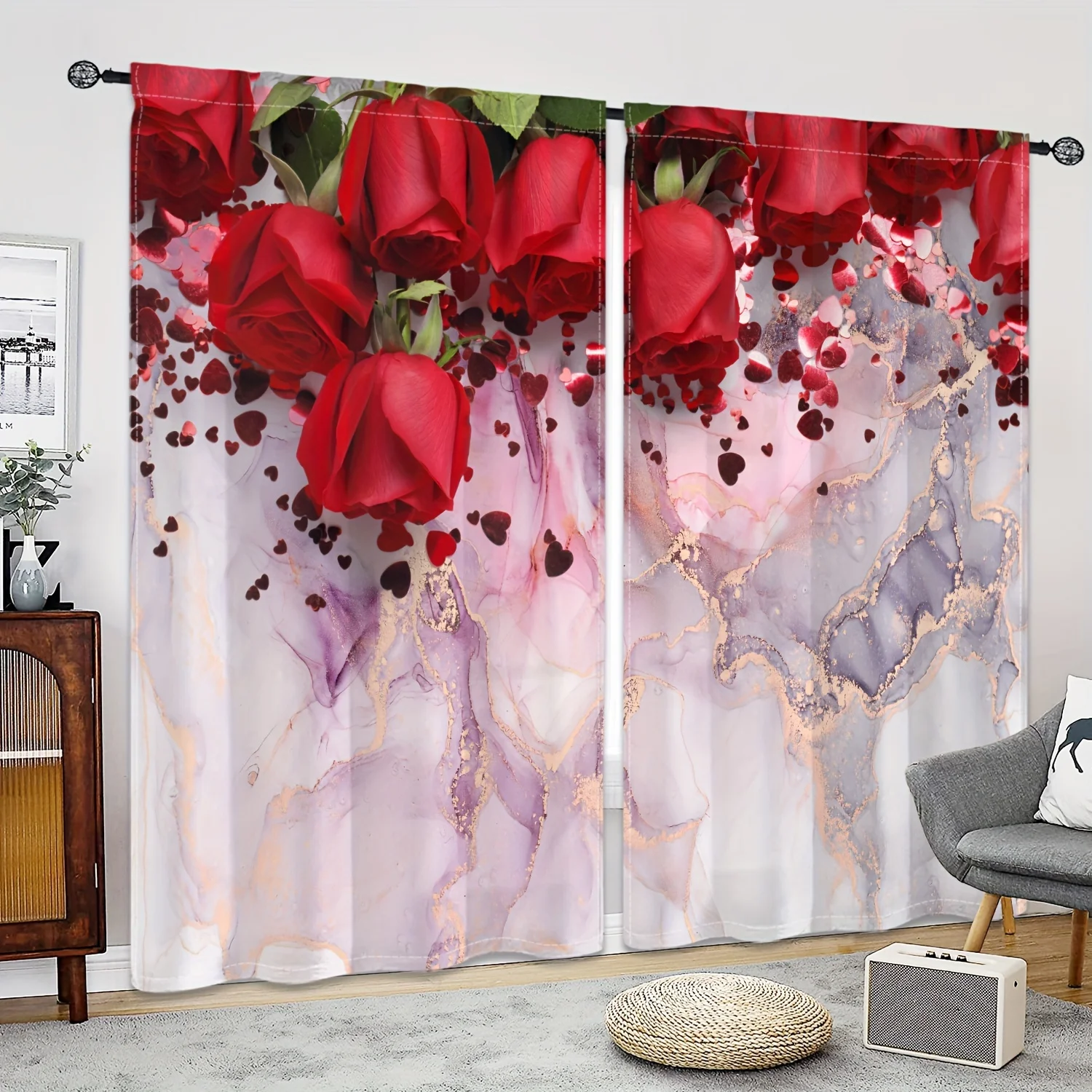 

2pcs Red Rose Abstract Marble Pattern Curtains Rod Pocket Valentine's Day Decoration Printed Light Filtering Kitchen Curtain