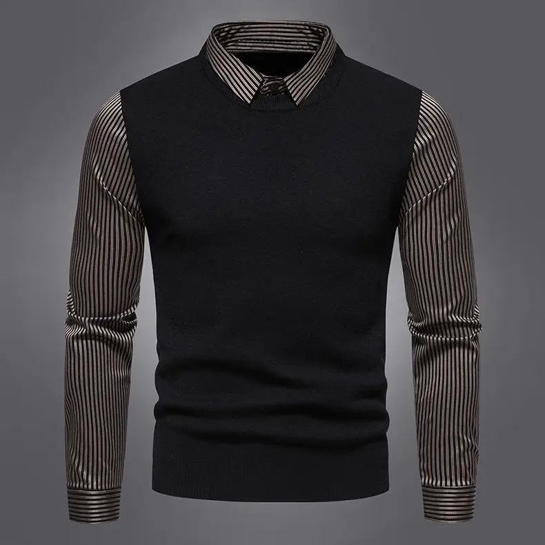 Men's autumn and winter striped patchwork fake two-piece sweater trend slim fit pullover shirt collar knitted sweater
Men's autumn and winter striped patchwork fake two-piece sweater trend slim fit pullover shirt collar knitted sweater