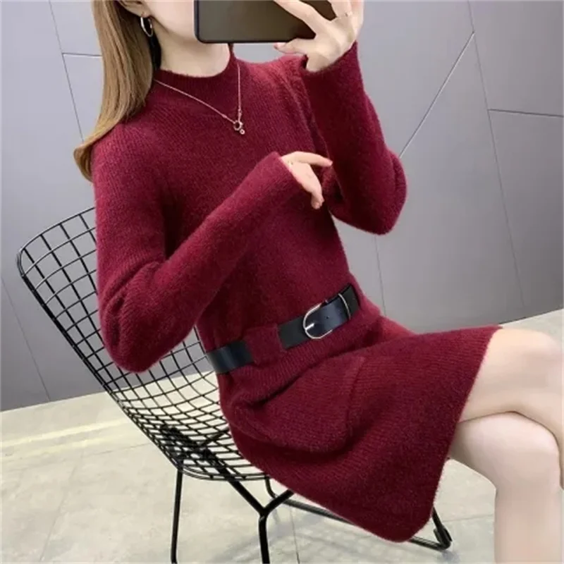 

Women's Sweater Pullover New Solid Color Half Turtleneck Knit Dress Autumn Winter Bottoming Shirt Women's Sweater Mini Dress