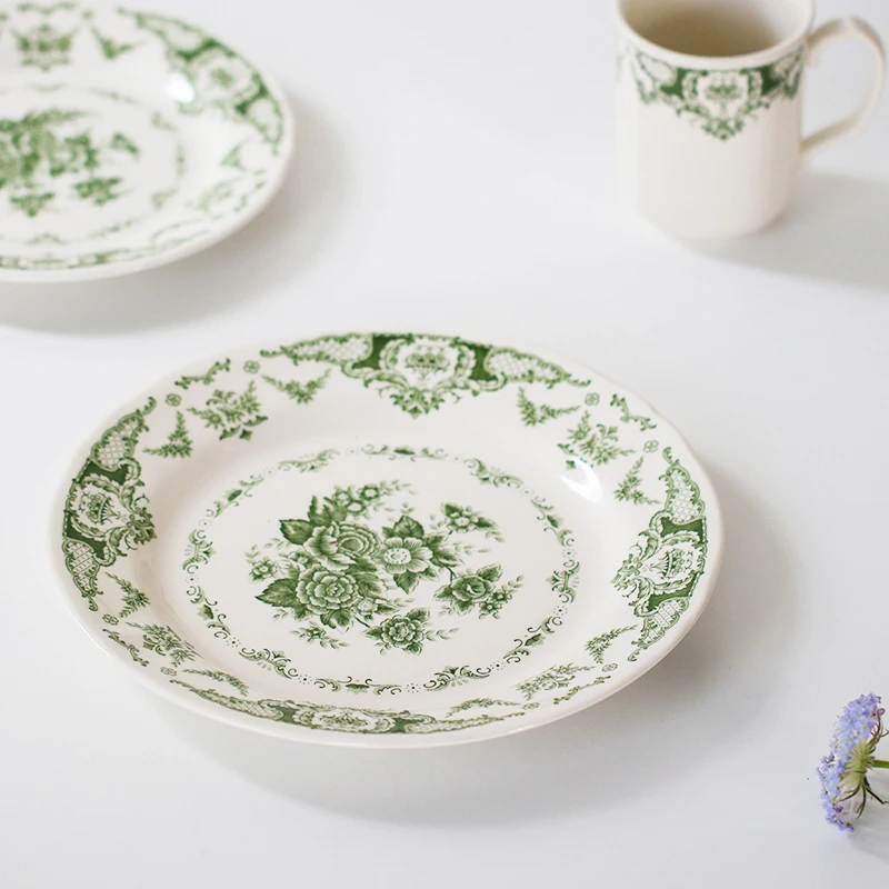 

Malaysia Centennial Ceramic Claytan Wild Rose Full Glaze Retro Tableware Moss Green Dinner Plates Dinner Set Plates Set Dishes