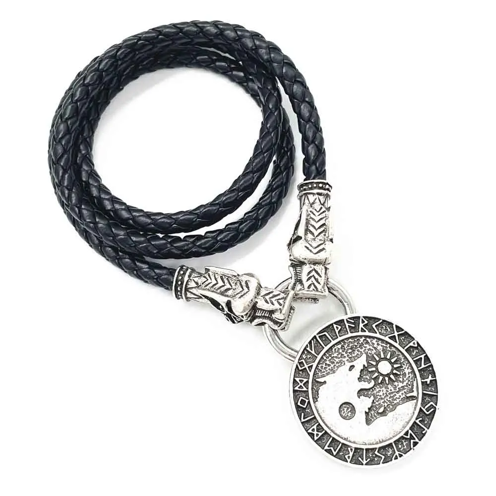 

Nostalgia Viking Wolf And Sun Amulet Wicca Pagan Talisman Jewelry Nordic Runes Pendant Wolf Heads Leather Chain Necklace