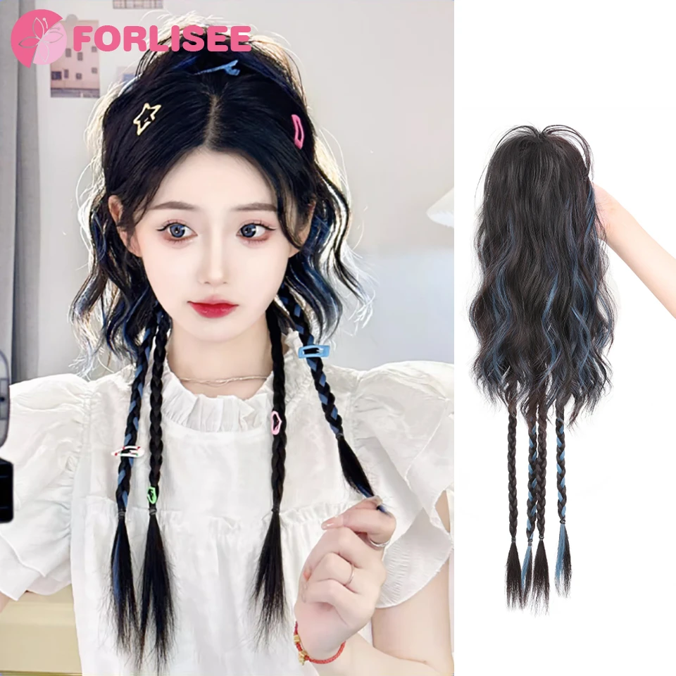 

FORLISEE Wig Female High Ponytail Long Hair Highlights Dopamine Boxing Braid Wig Clip Fried Dough Twists Wig Braid