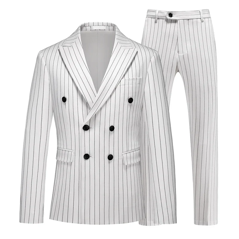 Fashion Men Double Breasted Striped Suit 2 Piece Black / Wine Red Homme Business Social Wedding Party Blazers and Trousers 205 S7c0c0b13edc44248912e1900294032ecV