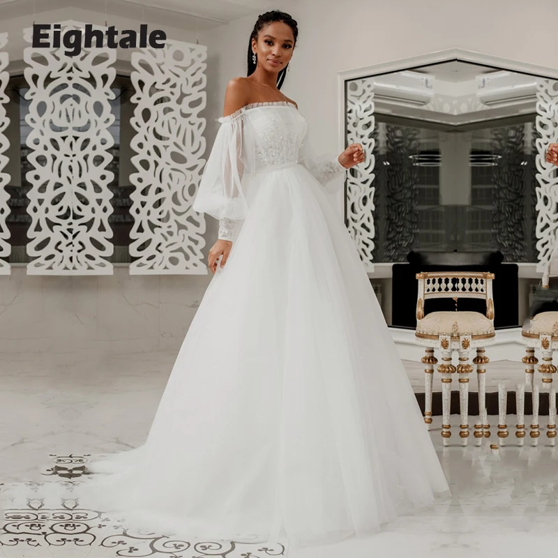 

Eightale Corset Wedding Dresses 2022 Strapless Appliques Long Puffy Sleeves Lace Up Princess Bridal Gowns vestidos de novia