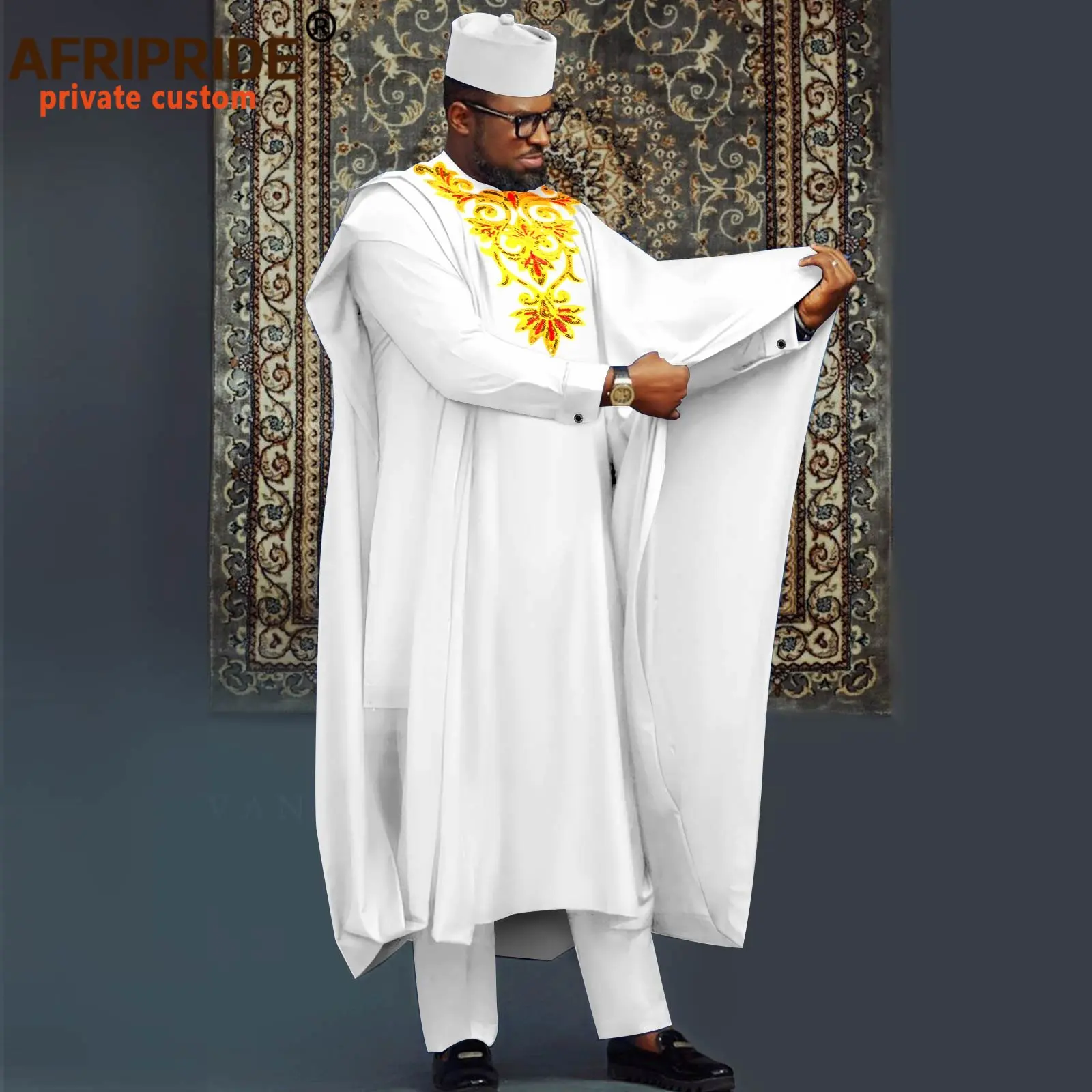 

African Suits for Men Agbada Robe Shirts Pants and Tribal Hat Set Dashiki Outfits Plus Size Traditional Attire Wedding A2316040