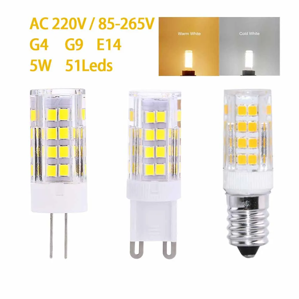 

1PC G4 G9 E14 LED Lamp AC220V 85-265V 5W Ceramic SMD2835 LED Bulb Crystal Light Warm Cool White Spotlight Replace Halogen Light