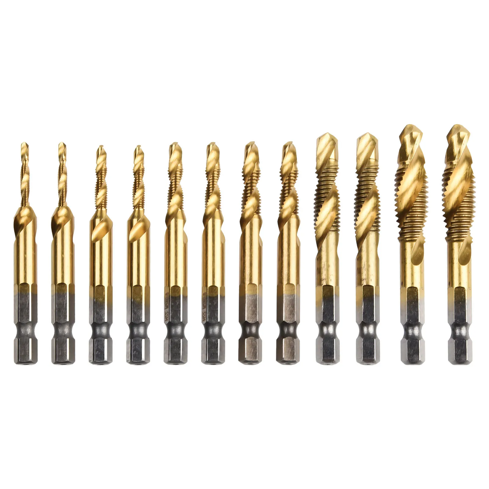 12pcs M3 M4 M5 M6 M8 M10 Titanium Coated HSS Tap Drill Bits Set Hex Shank Screw Thread Bit Screw Machine Compound Tap Hand Tools
12pcs M3 M4 M5 M6 M8 M10 Titanium Coated HSS Tap Drill Bits Set Hex Shank Screw Thread Bit Screw Machine Compound Tap Hand Tools