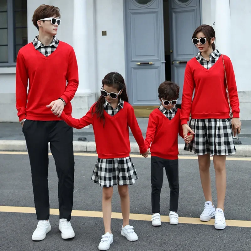 

Family Matching Outfits Spring Autumn Mom Daughter Fashion Red Fake Two-piece Dress Dad Son Sweatshirt Couples Matching Clothing