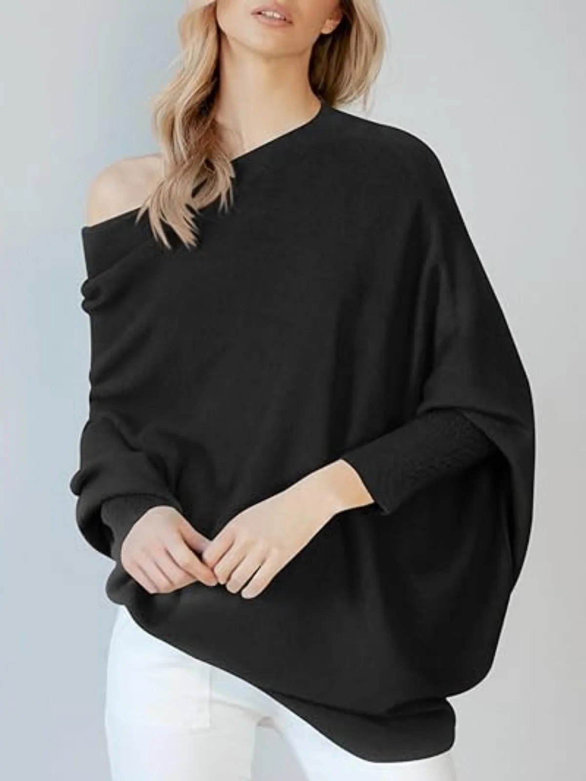

Women's Ribbed Knit Jumper Off The Shoulder Sweater 2024 Fall Casual Bat Sleeve Round Neck Simple Versatile Knitwear Jumper
