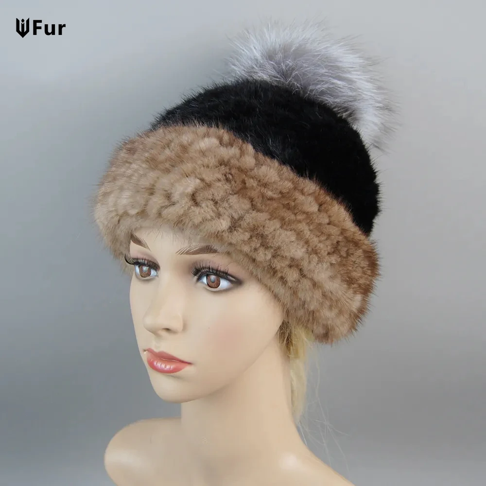 

Luxury Womens Winter Knitted 100% Real Sable Fur hat Fur Beanie Russian Mink Fur Cap With Fox Fur Pom Poms Female Warm Thick