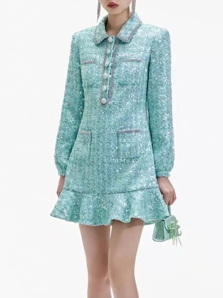 2024 Early Spring Tweed Mini Dress For Women's Diamond Sequins Decoration Ruffles Turn-down Collar Long Sleeve Eegant Robes
2024 Early Spring Tweed Mini Dress For Women's Diamond Sequins Decoration Ruffles Turn-down Collar Long Sleeve Eegant Robes