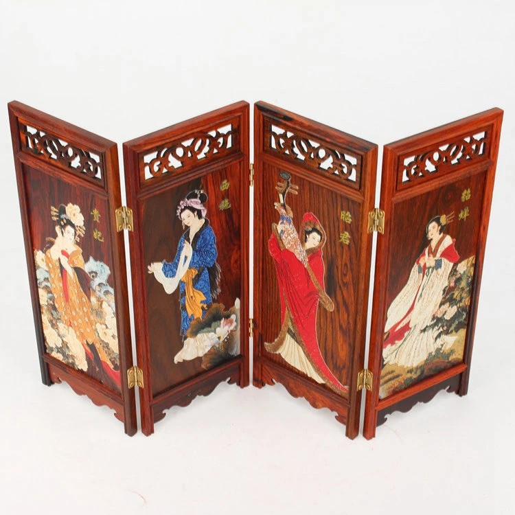 

QK010 - 4-Leaf Folding Red Rosewood Screen Mini Furniture Four beauties - L36 * H23 *D0.7 CM