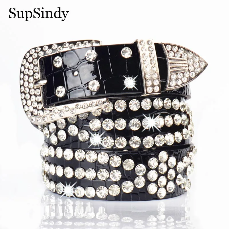 

SupSindy Luxury Women Belt Punk Rhinestone Rivets Pin buckle Leather Belts For Women Rock Hip Hop Jeans Waistband Female Strap