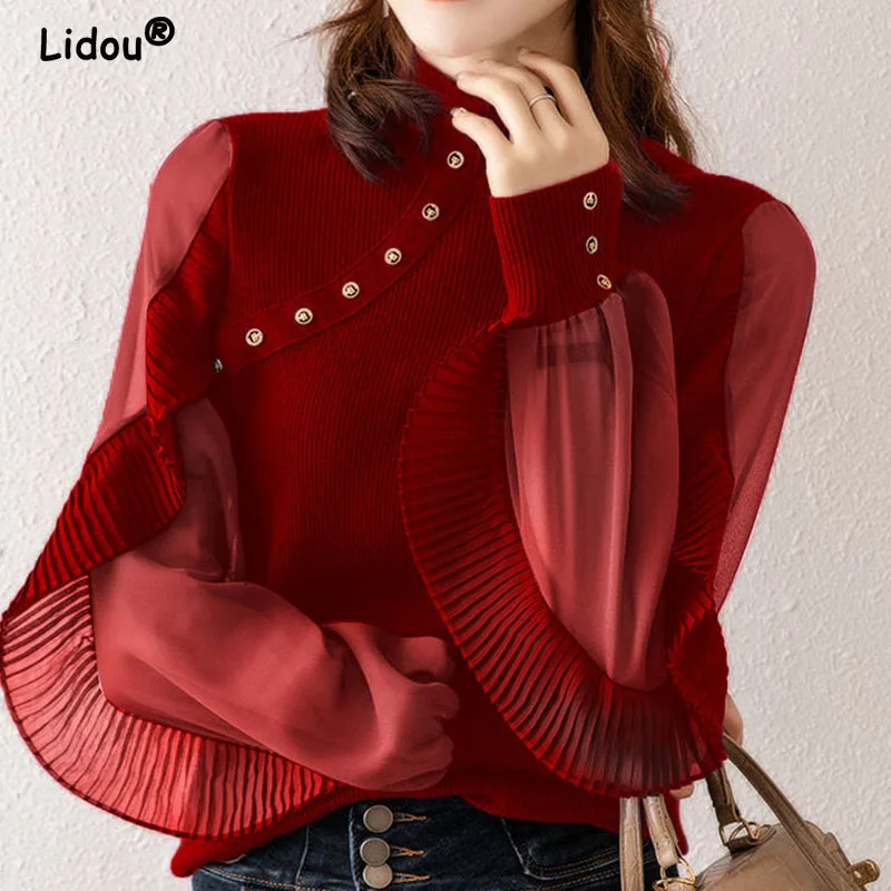 

Elegant Fashion Autumn Winter O-Neck Knitted Splicing Chiffon Solid Color Pullovers for Women 2022 New Pleated Ruffles Rivet top