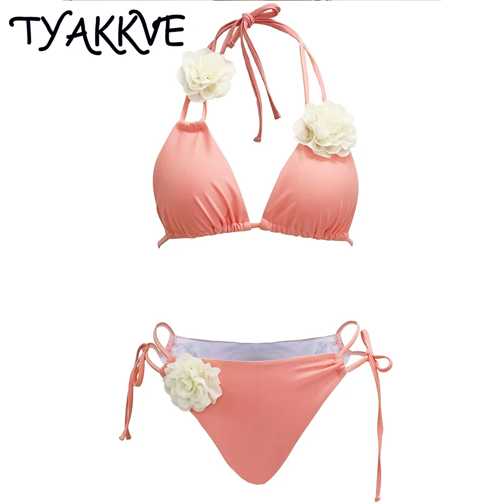 

TYAKKVE Sexy 3D Flower Bikini Swimwear for Women, Monochrome Swimsuit, High Cut Halter Bathing Suits, 2023 Summer,Sexy Bikinis