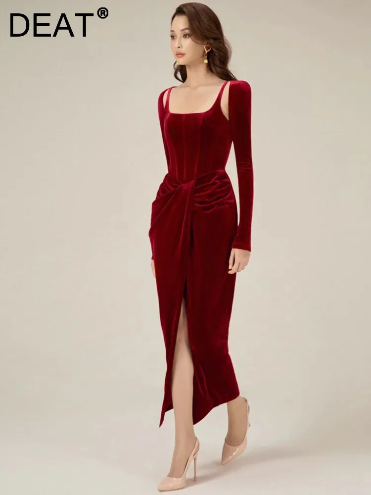 

DEAT Elegant Dress Slip Velvet Pleated Waist High Slit Hollow Out Women's Evening Party Dresses 2024 Summer New Fashion 13DB1722