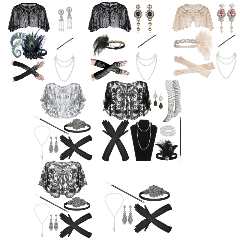 

Vintage 1920s Flapper Gatsby Women Costume Accessories Set Feather Headband Necklace Earrings for 20s Cocktail Drop Shipping