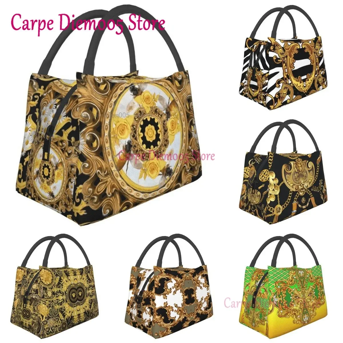 

Yellow Rose And Bees Vintage Kitsch Baroque Scarves Thermal Insulated Lunch Bags Women Portable Lunch Container Meal Food Box