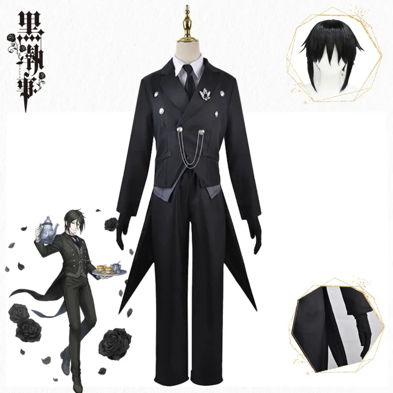 

Anime Cosplay Black Butler Kuroshitsuji Sebastian Michaelis Cosplay Costume Wig Uniforms Halloween Tuxedo Suit Tattoo Sticker