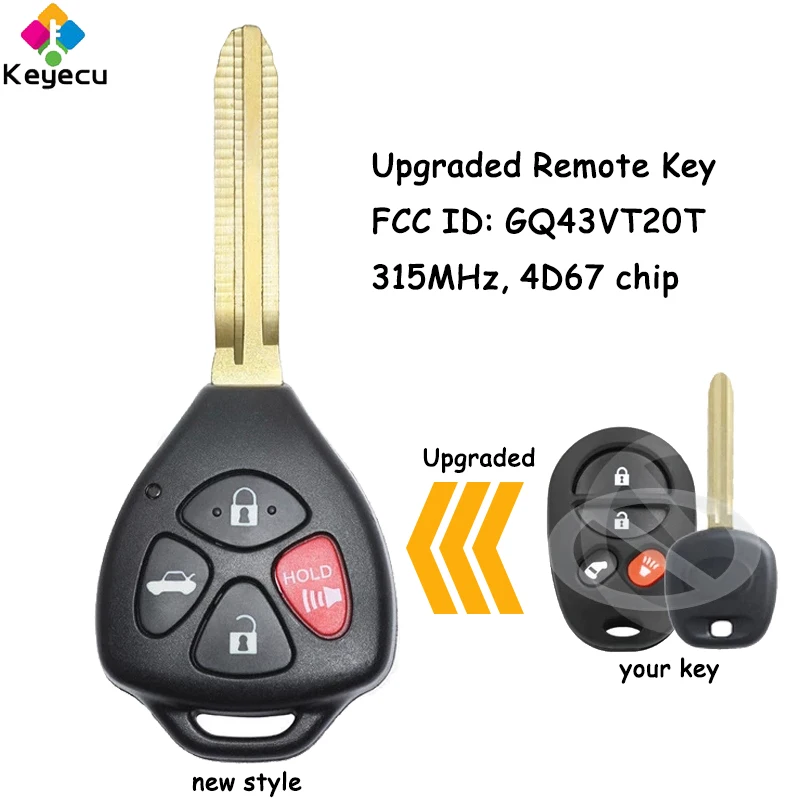 

KEYECU Upgraded Remote Control Car Key With 4 Buttons 315MHz 4D67 Chip for Toyota Sienna Fob FCC ID: GQ43VT20T - Slide Door