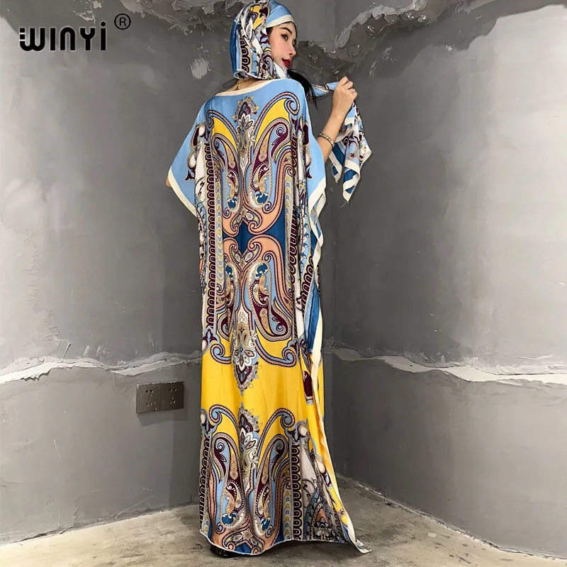 

WINYI Africa boho print dress for women Dubai Muslim Dashiki abaya holiday Design With belt evening dress caftan party kaftan