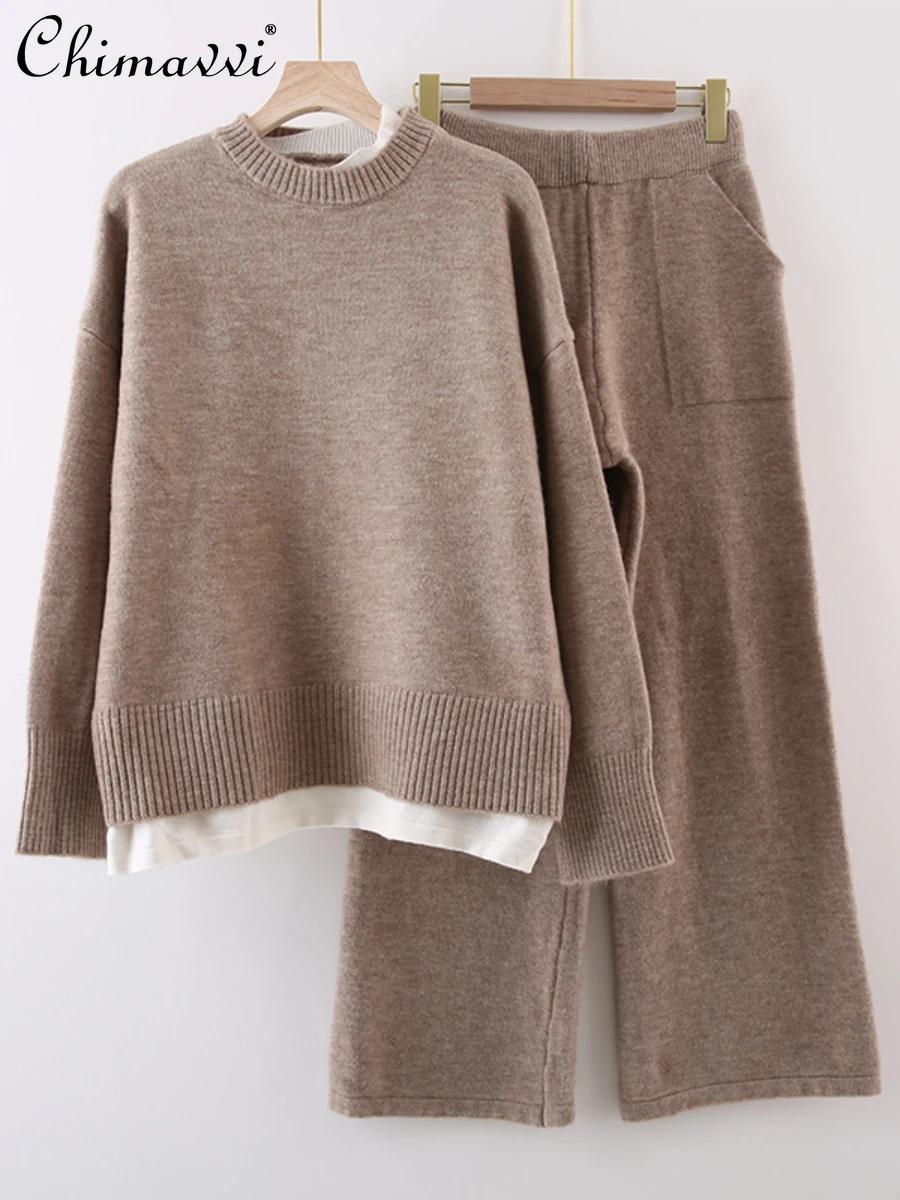 2022 Autumn New Western Fashion Office Lady Fake Two Pieces Sweaters Women Simple Leisure Knitted Wide-Leg Pants Two-Piece Suit
2022 Autumn New Western Fashion Office Lady Fake Two Pieces Sweaters Women Simple Leisure Knitted Wide-Leg Pants Two-Piece Suit
